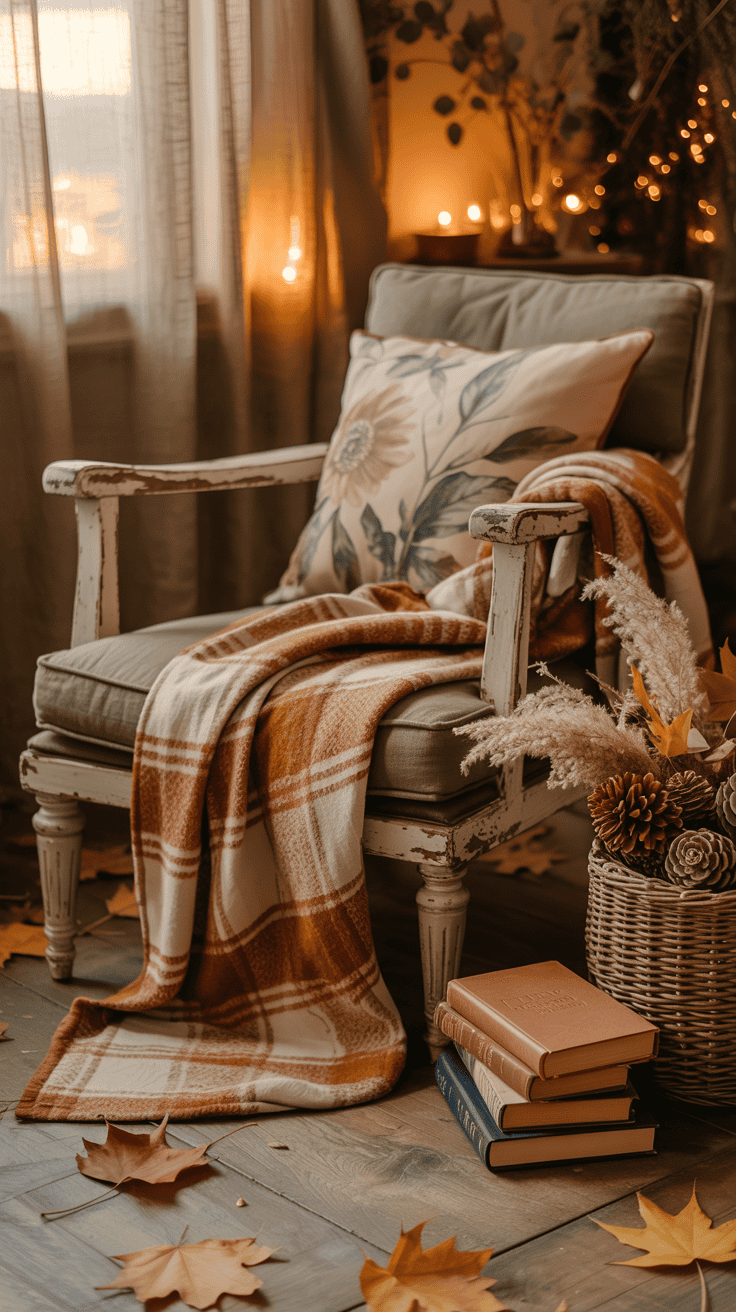 Cottage-inspired cozy fall living room corner with vintage chair, plaid throw, floral cushion, books, and woven basket Cottage-inspired cozy fall living room corner with vintage chair, plaid throw, floral cushion, books, and woven basket