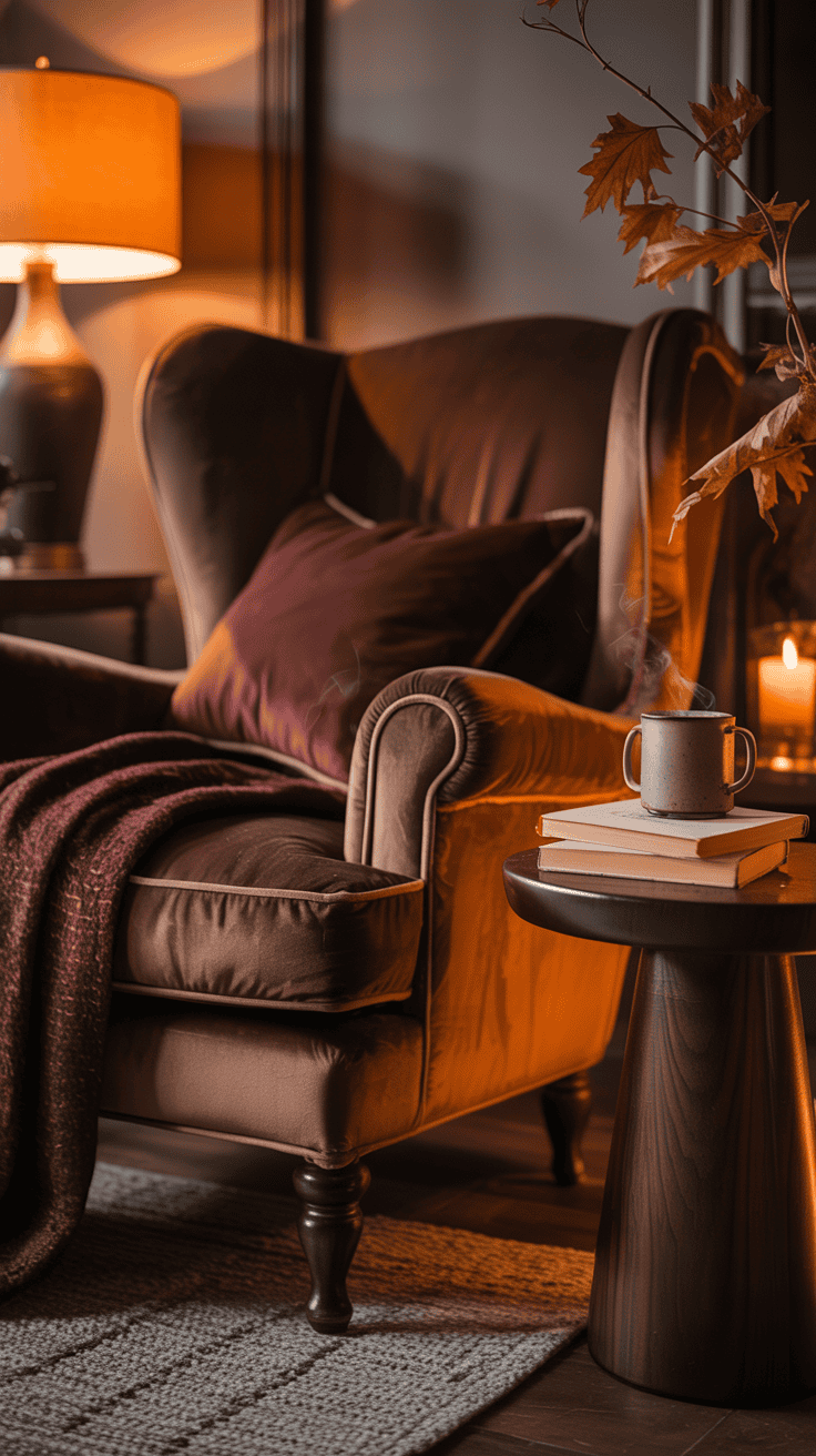 Moody cozy autumn living room corner with chocolate brown chair, burgundy cushion, dark wood table, and warm ambient lighting Moody cozy autumn living room corner with chocolate brown chair, burgundy cushion, dark wood table, and warm ambient lighting