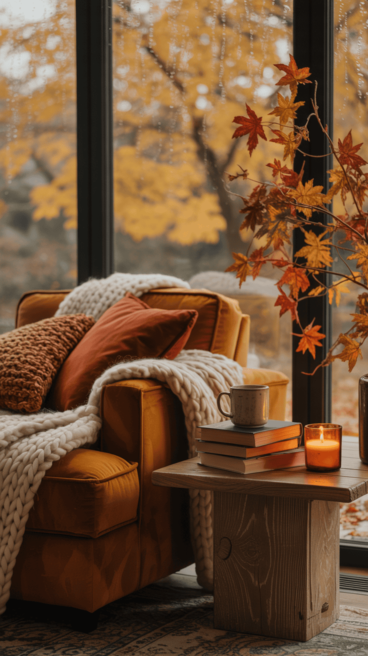 Window-side cozy autumn living room corner with comfortable chair, warm textiles, side table, and soft seasonal light Window-side cozy autumn living room corner with comfortable chair, warm textiles, side table, and soft seasonal light