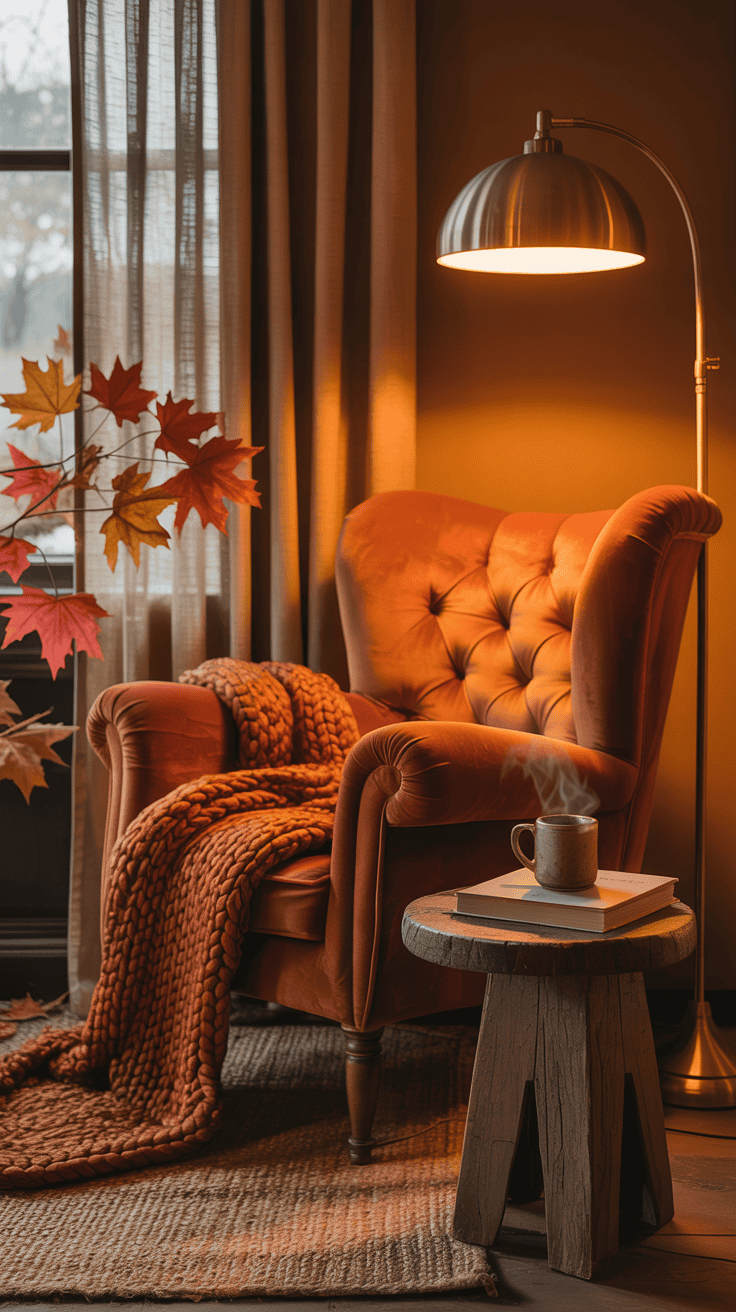 Warm layered lighting in a cozy autumn living room corner with floor lamp, chair, and soft fall textures Warm layered lighting in a cozy autumn living room corner with floor lamp, chair, and soft fall textures