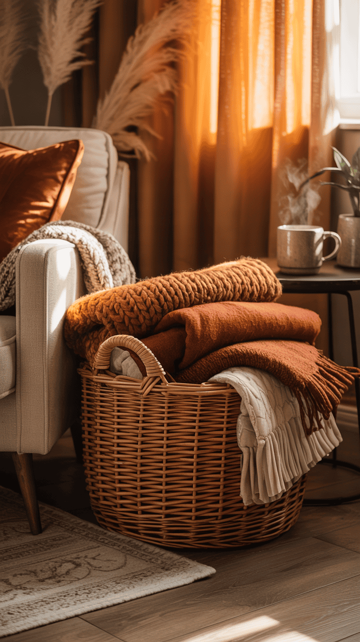 Woven basket filled with cozy autumn blankets beside a living room chair Woven basket filled with cozy autumn blankets beside a living room chair