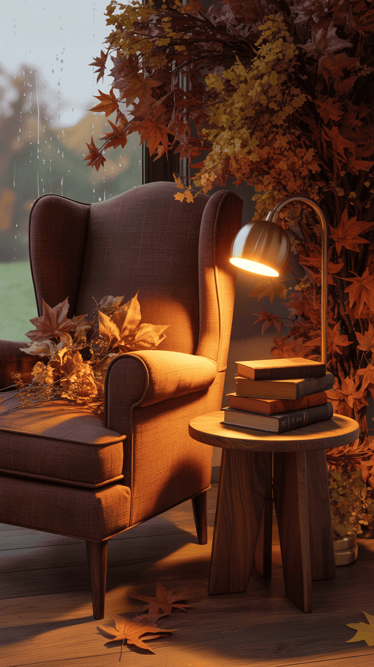 Autumn book nook with comfortable chair, reading lamp, books, side table, and seasonal foliage Autumn book nook with comfortable chair, reading lamp, books, side table, and seasonal foliage