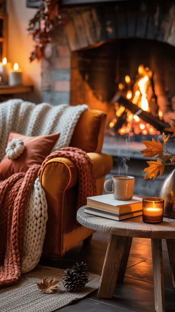 Cozy autumn living room corner beside a fireplace with armchair, blankets, side table, and warm lighting