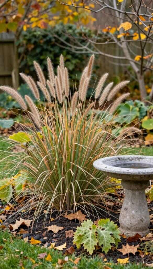 Wildlife-friendly winter corner with seed heads and leaves
