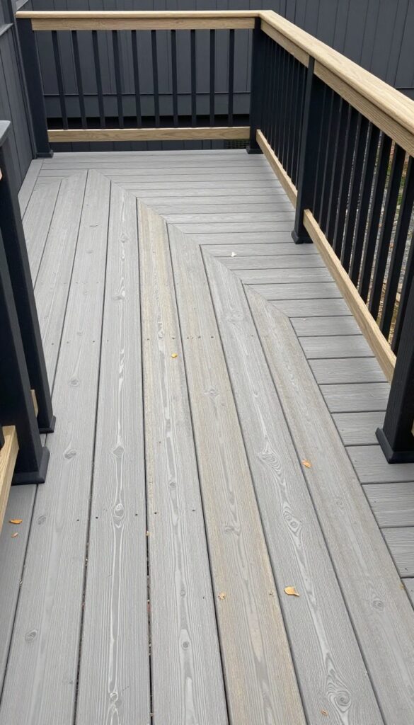 Mid-tone weathered grey deck with dust and autumn leaves