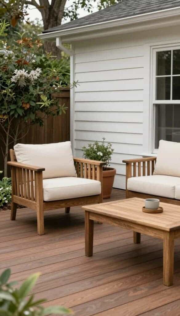 Muted espresso brown deck with cream cushions and autumn debris