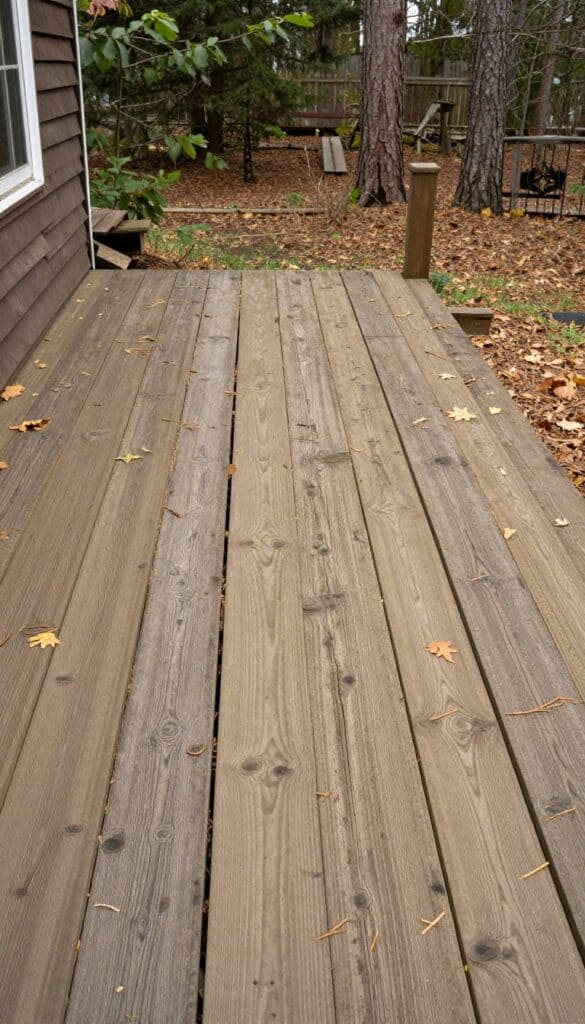 Weathered cedar deck stain surrounded by fallen leaves