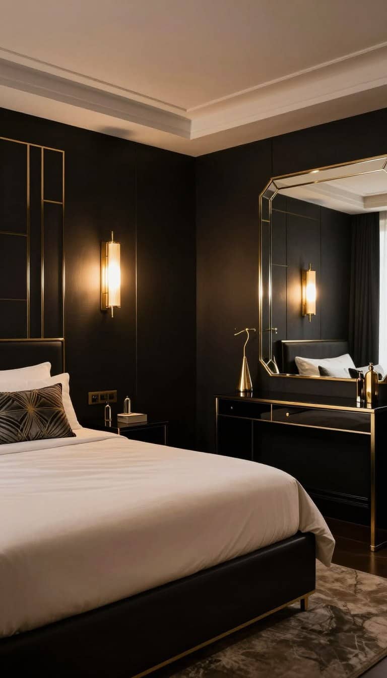 80s Art Deco bedroom with black walls and gold accents