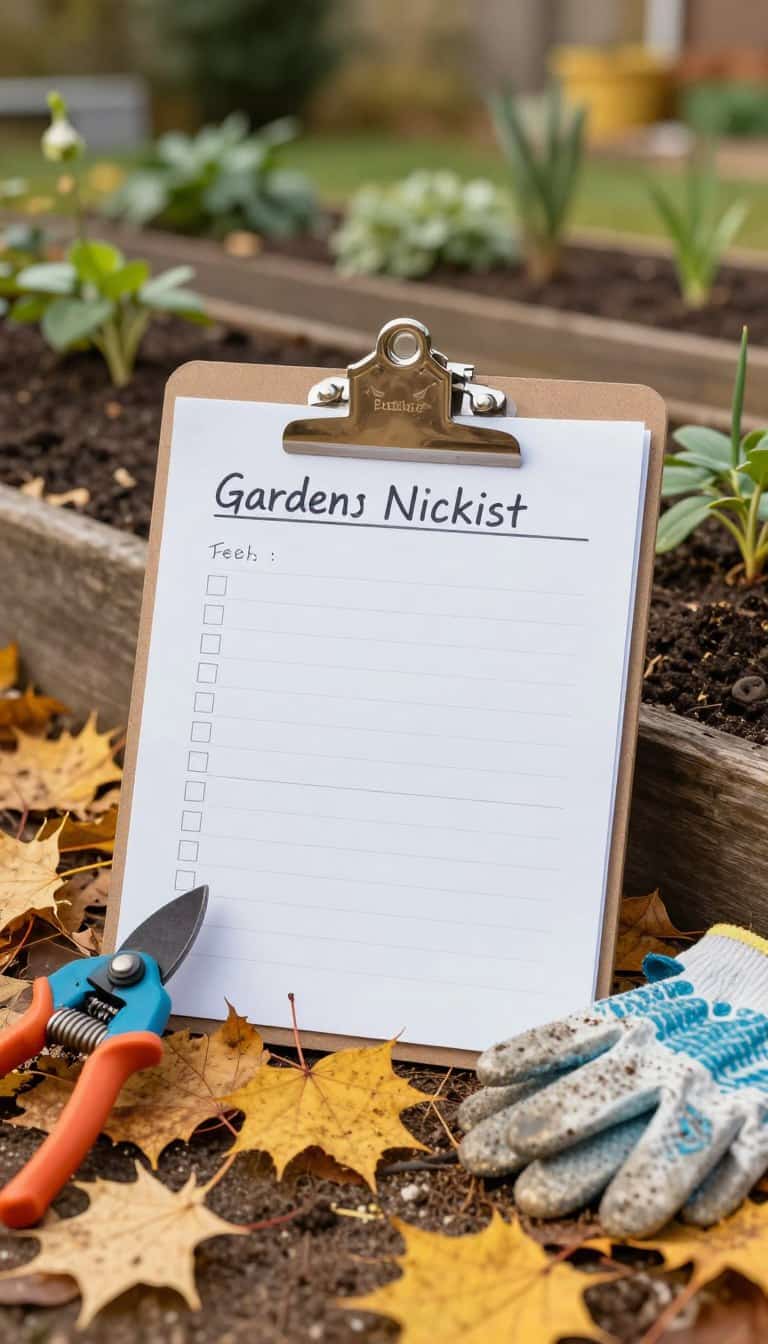 Autumn Garden Tidy Checklist with leaves, tools, and winter-ready garden beds