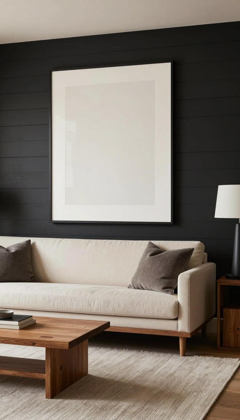 Black shiplap accent wall ideas behind a cream sofa in a living room