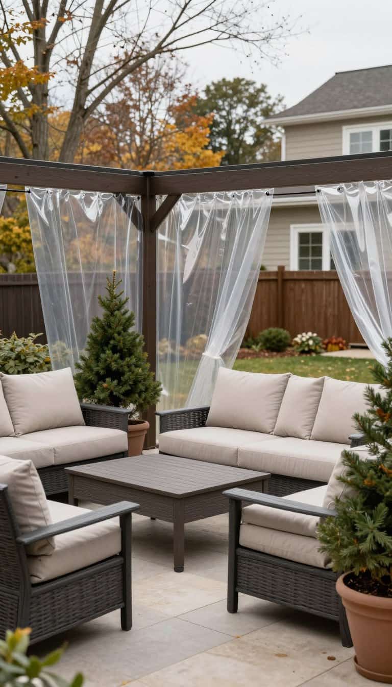Closing down the patio for winter with protected furniture and clear vinyl curtains