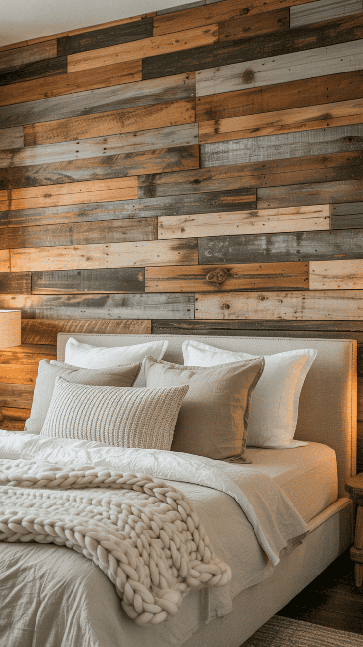 Rustic reclaimed wood farmhouse accent wall behind a neutral bedroom bed