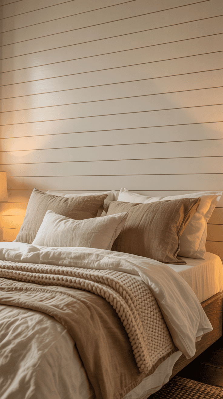 Warm white textured farmhouse accent wall behind a neutral bedroom bed