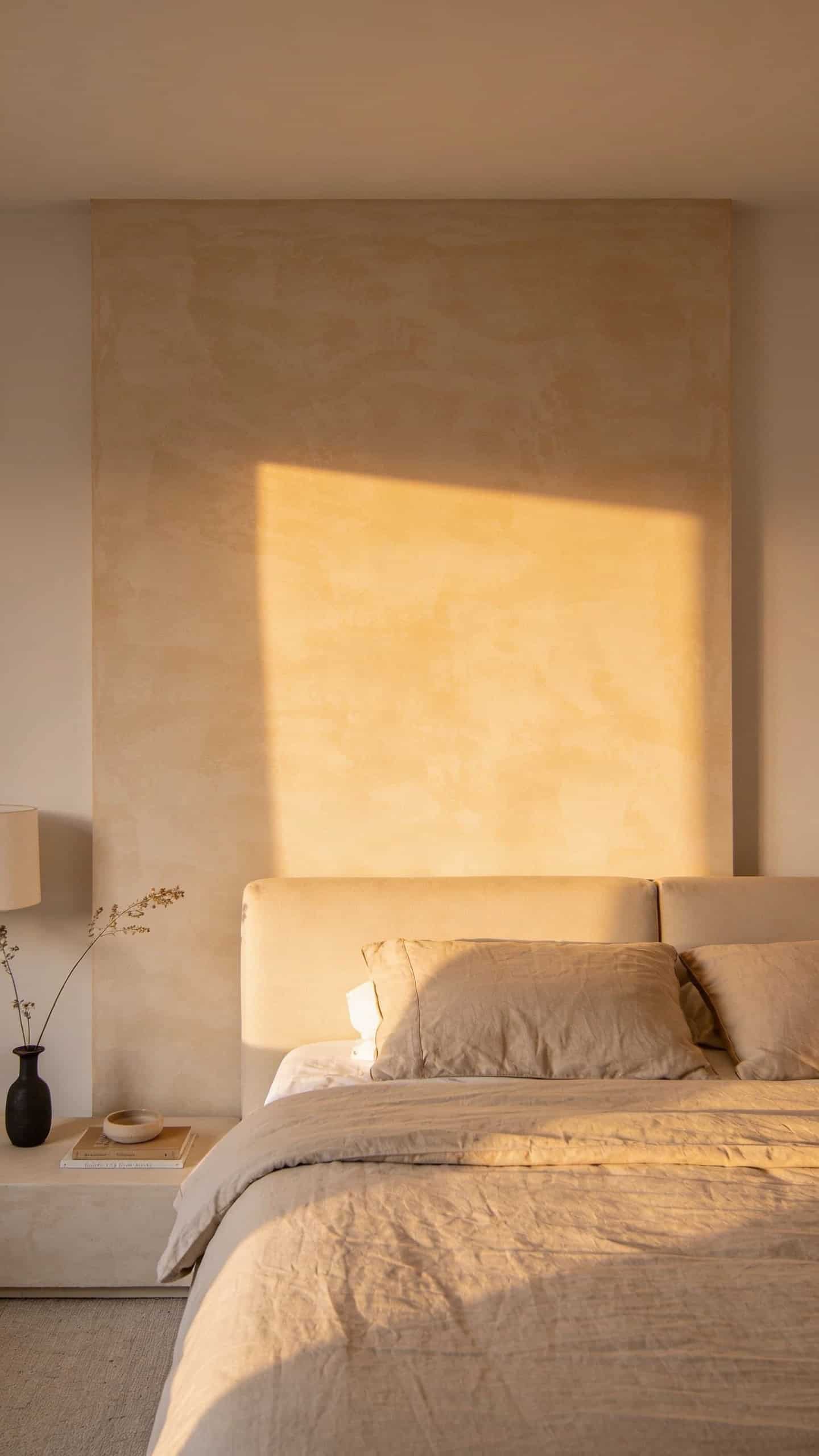 warm beige limewash wall behind a bedroom bed