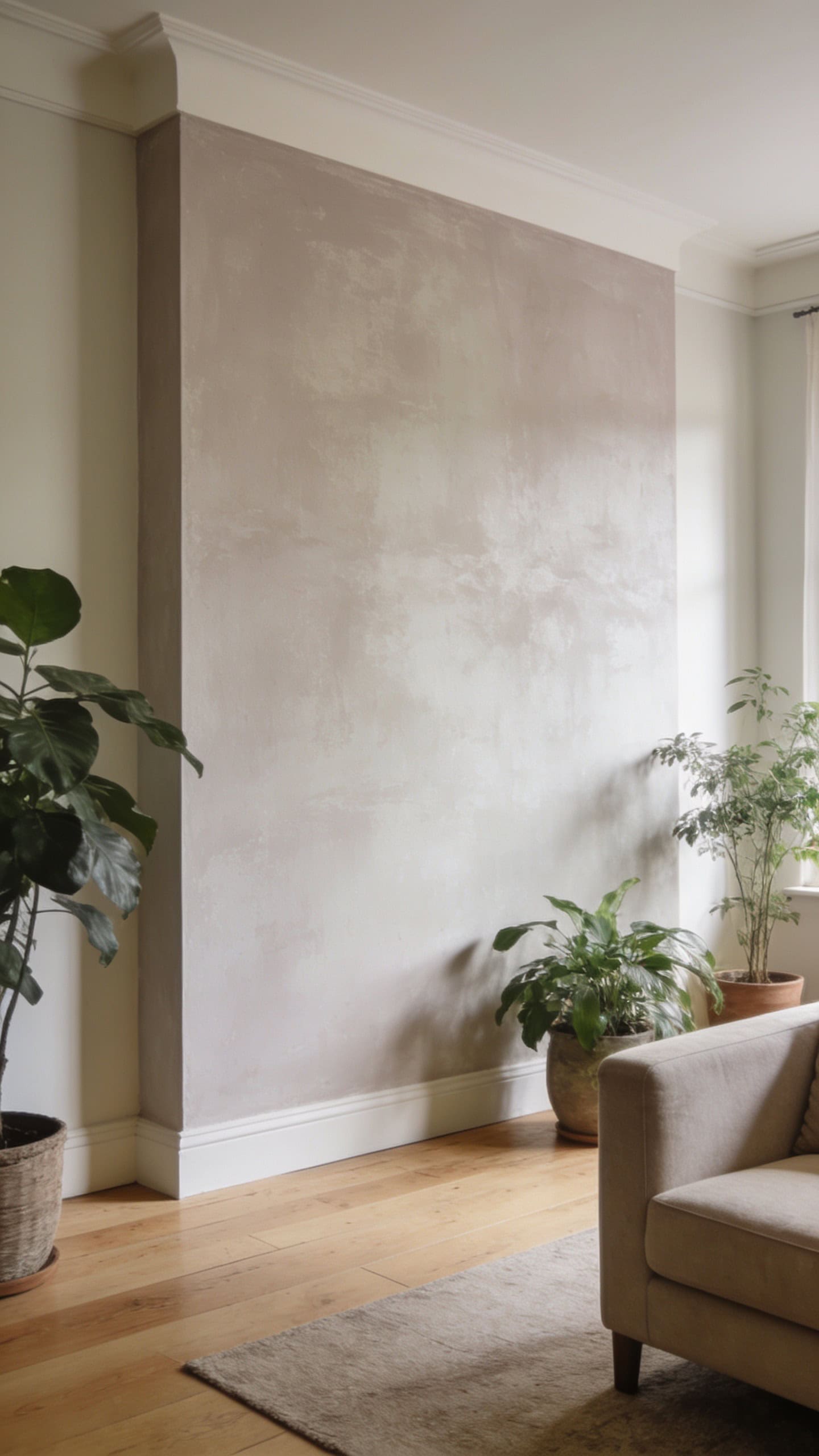 soft greige limewash accent wall in a living room
