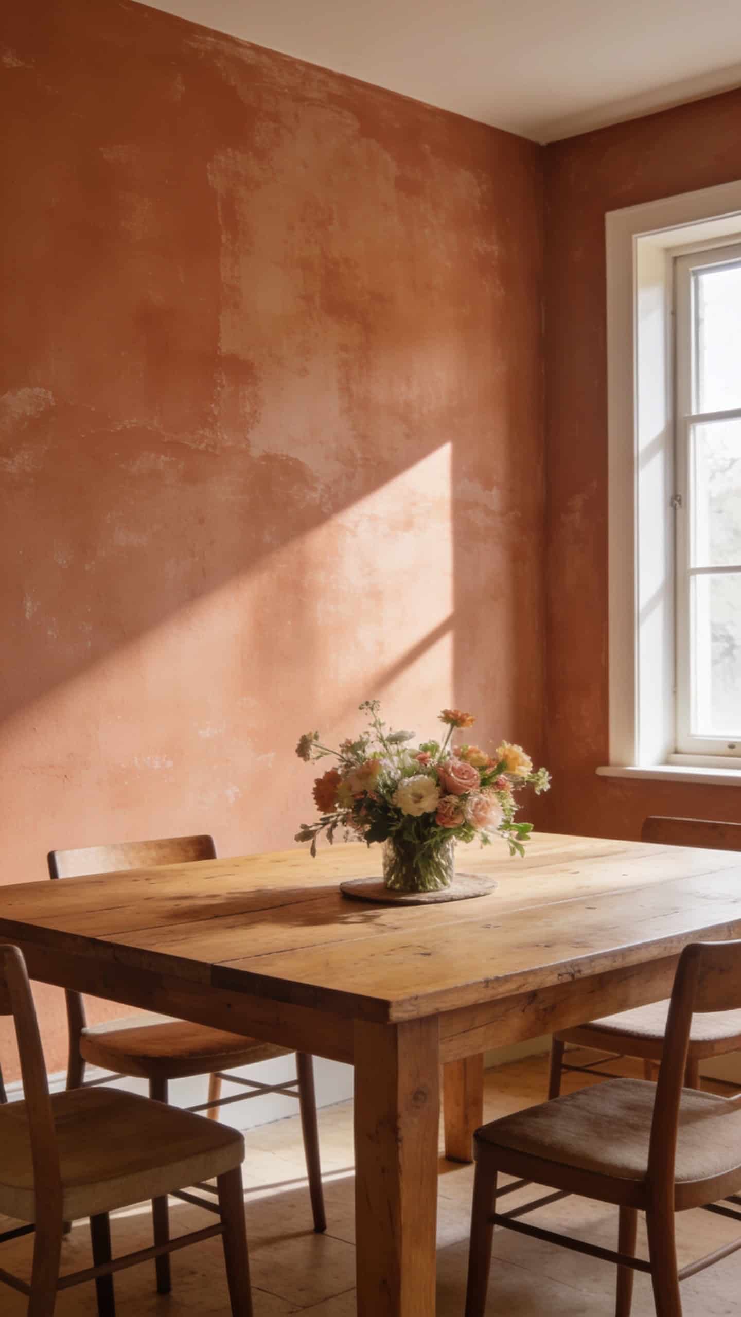 terracotta limewash wall behind a dining table