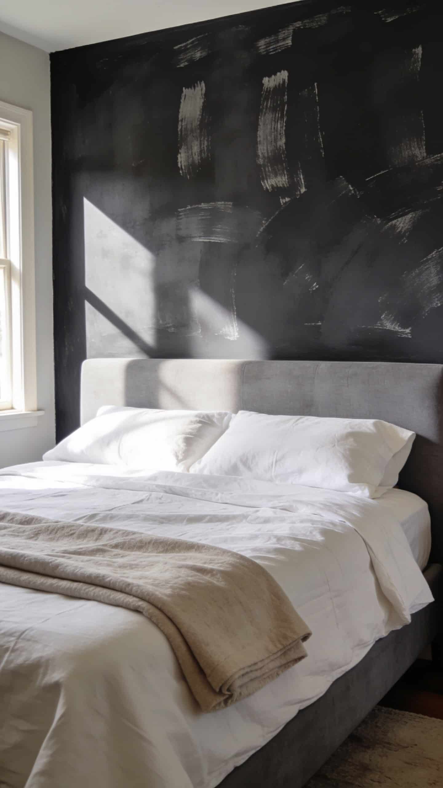 charcoal limewash accent wall behind a bedroom bed