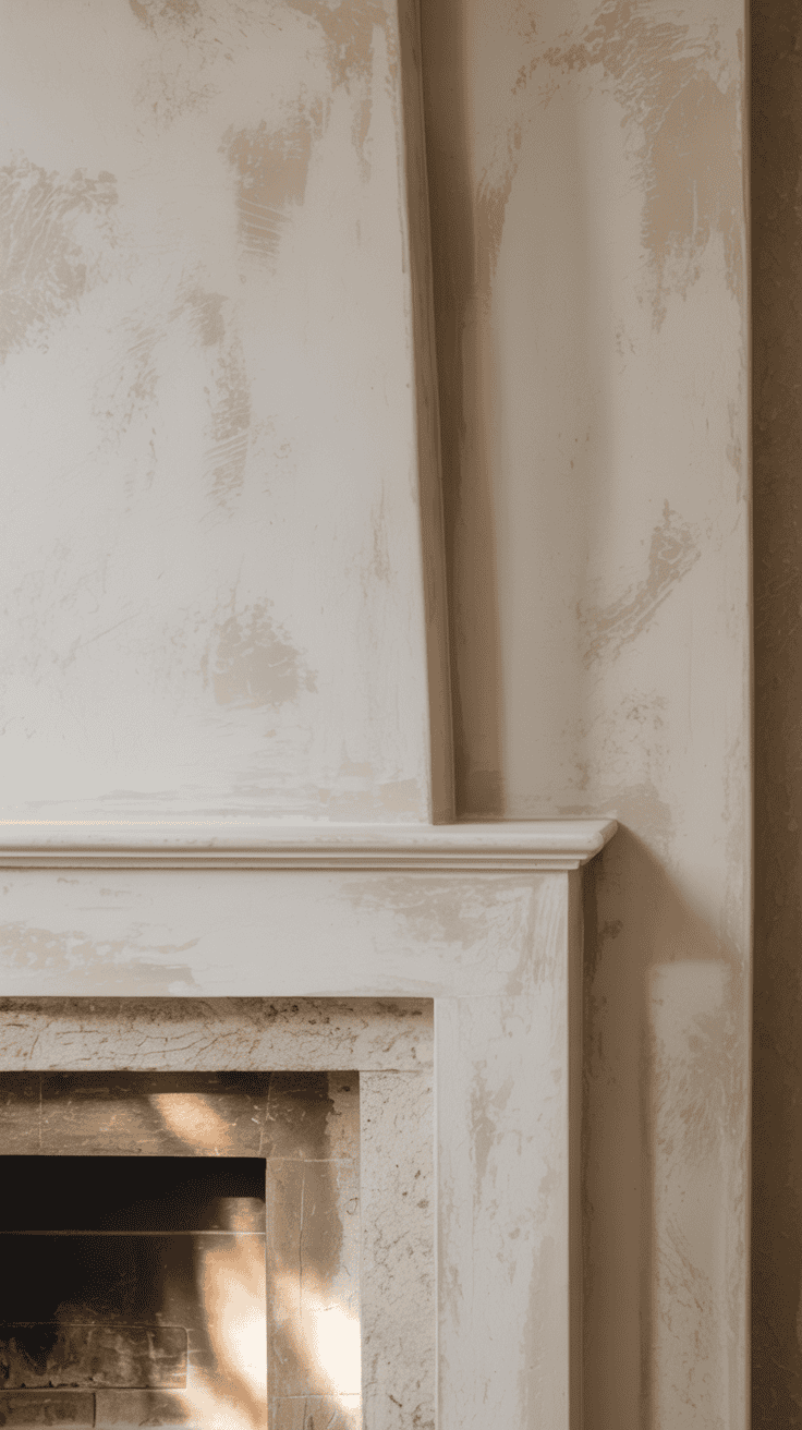 chalky white limewash wall around a fireplace