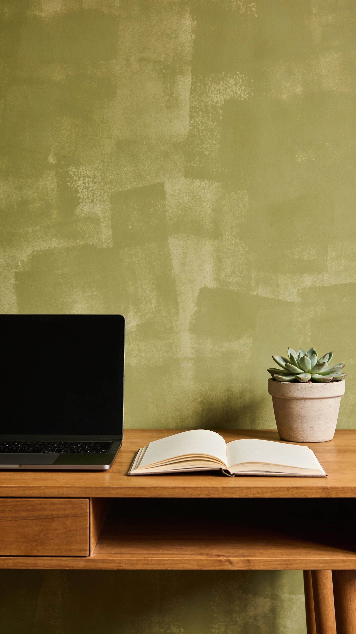 olive green limewash wall behind a home office desk
