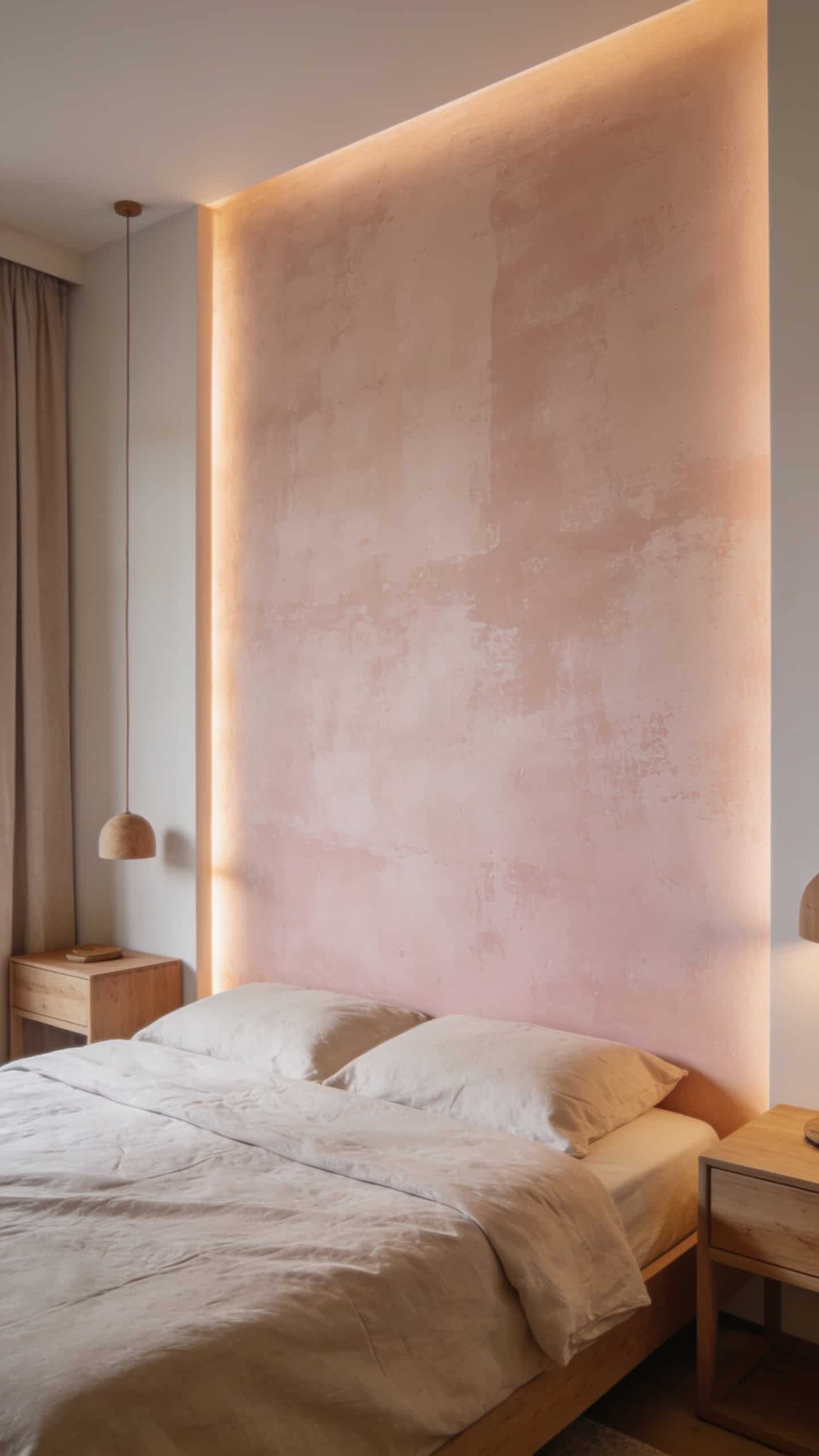 dusty blush limewash bedroom accent wall