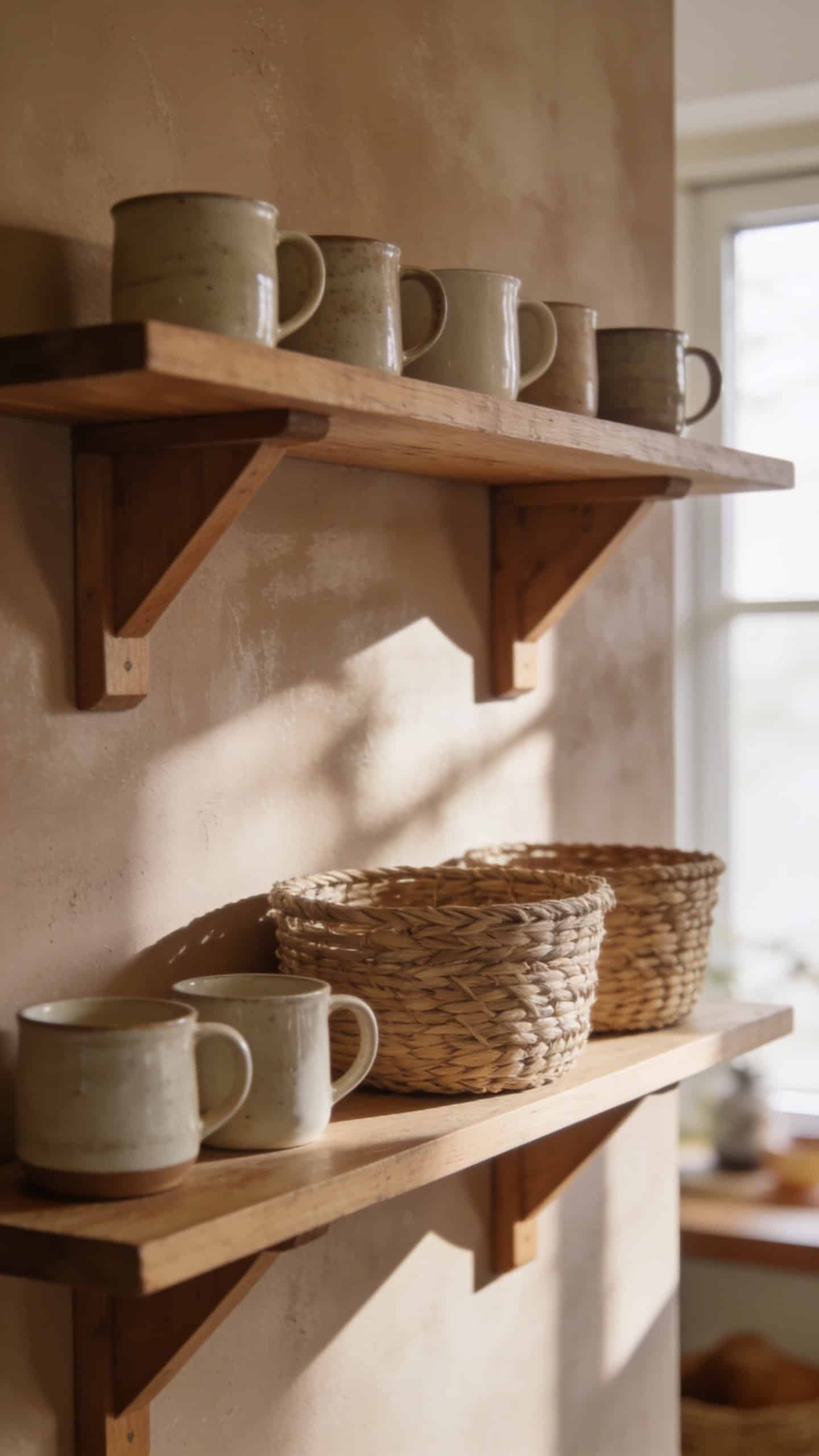 taupe limewash wall behind open shelving