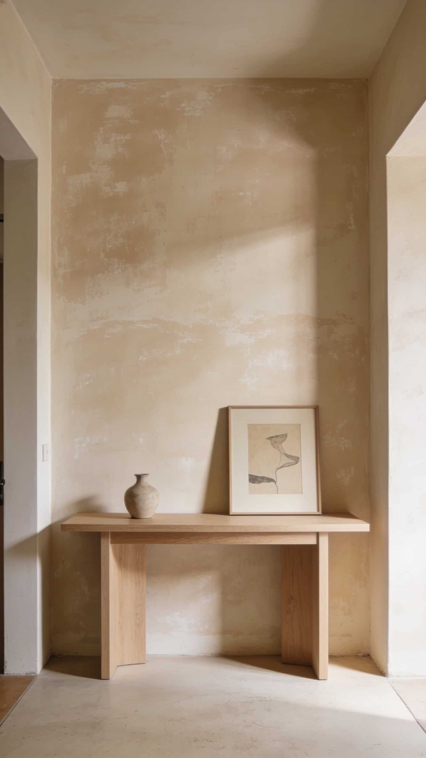 sandy beige limewash entryway wall behind a console