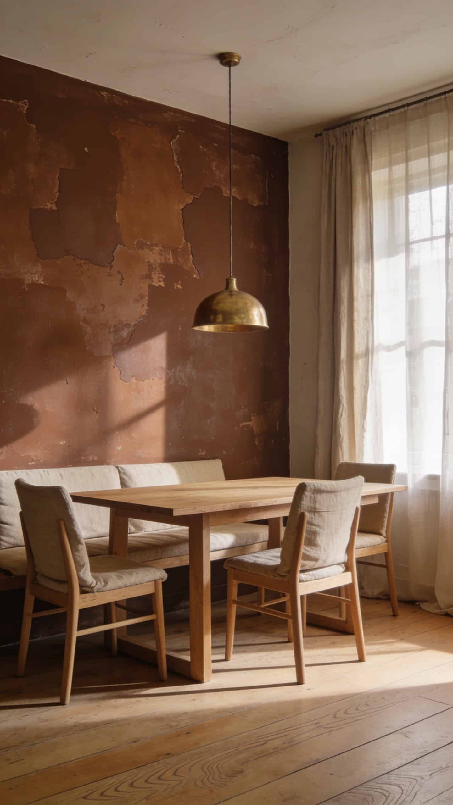deep brown limewash dining room accent wall