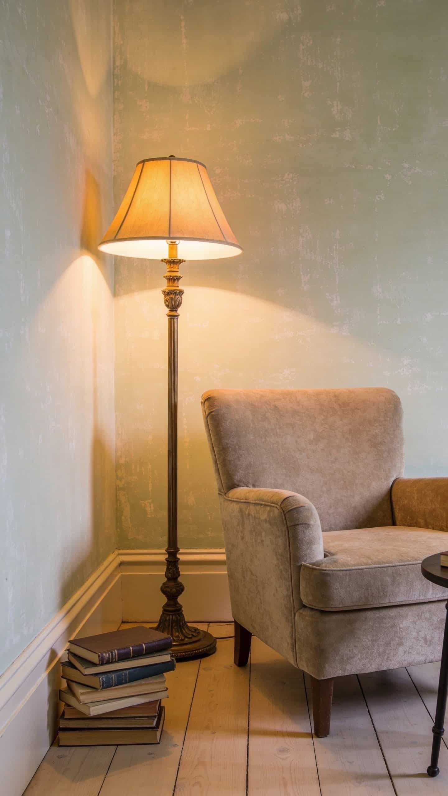 limewashed reading nook with an armchair and floor lamp