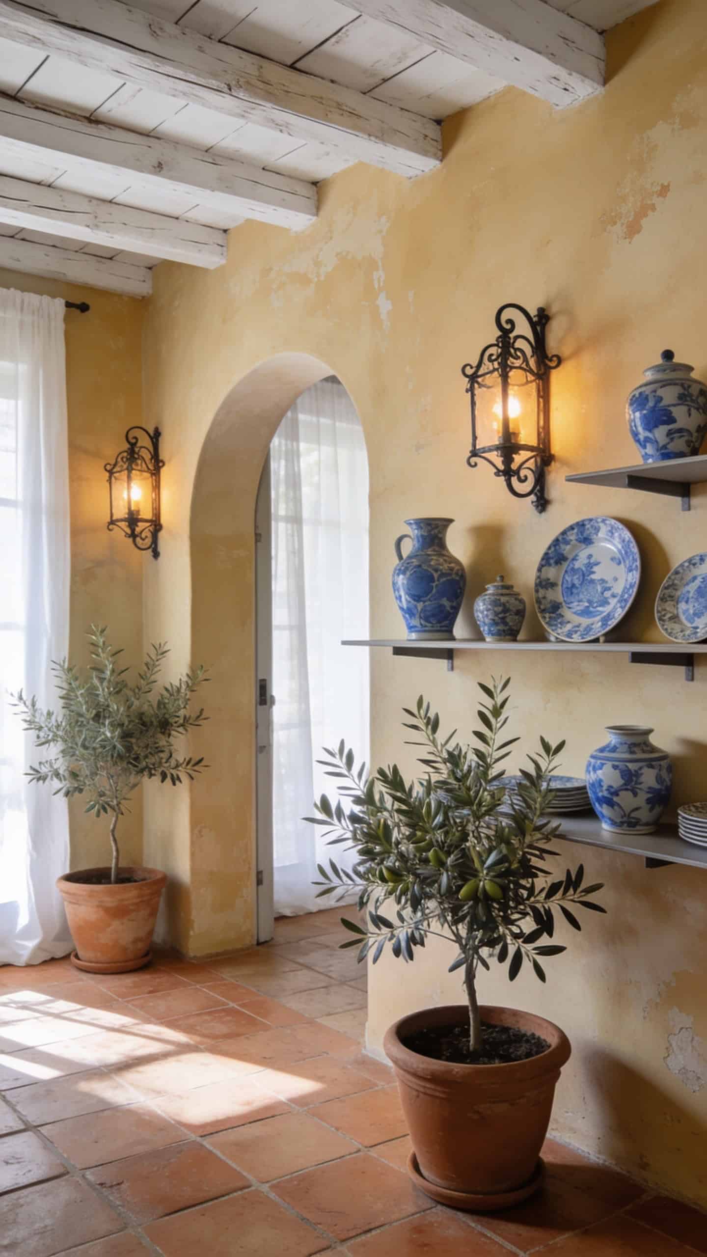 muted ochre limewash wall with Mediterranean decor