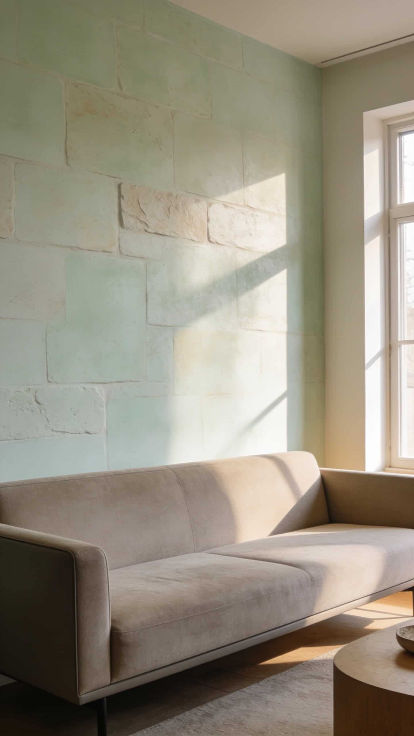 soft stone limewash accent wall behind a sofa