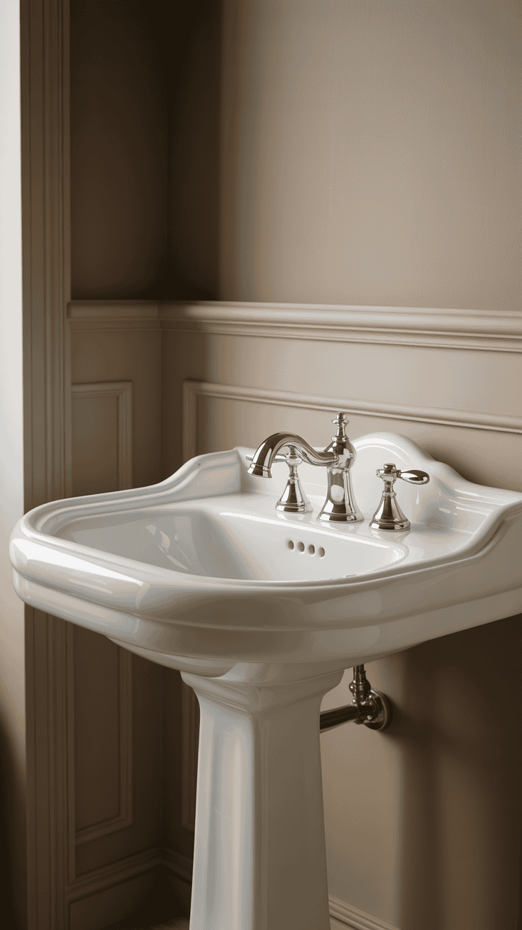 white pedestal sink with warm neutral walls