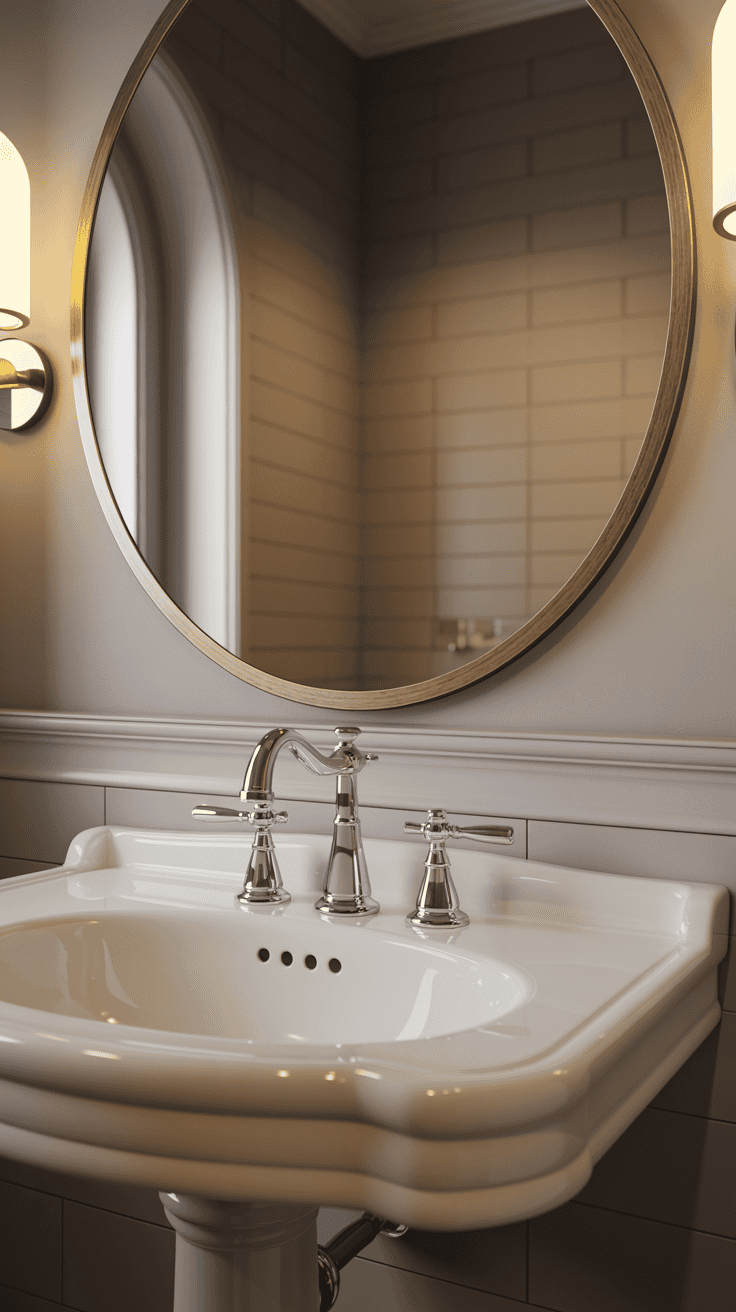 large rounded mirror above a pedestal sink