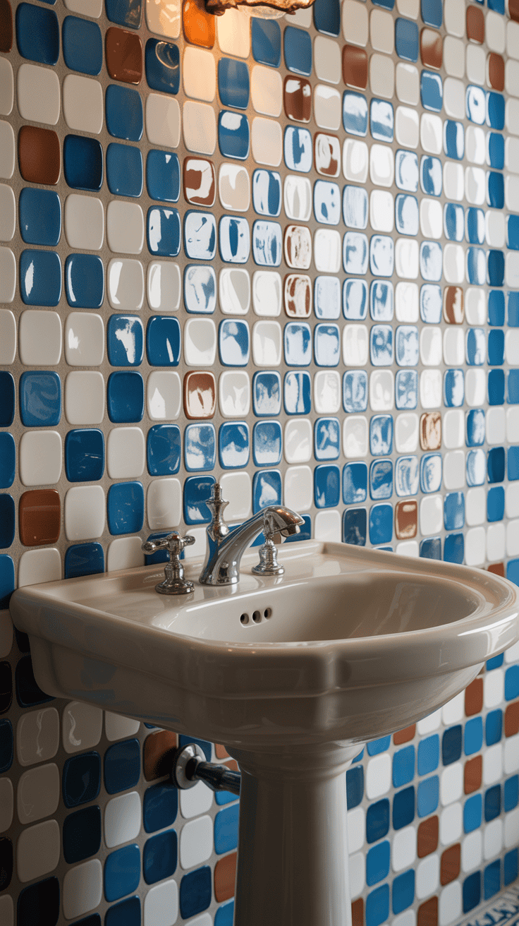 zellige-style tile behind a pedestal sink