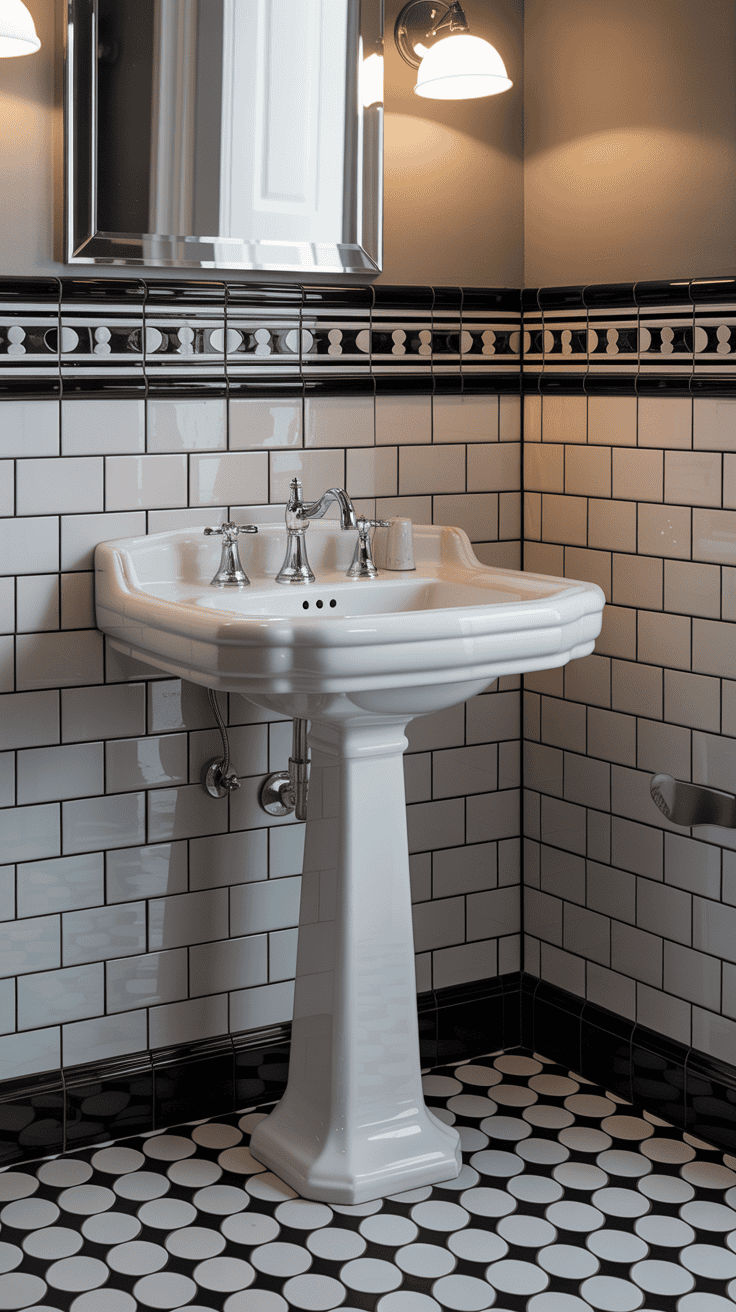 black and white pedestal sink bathroom