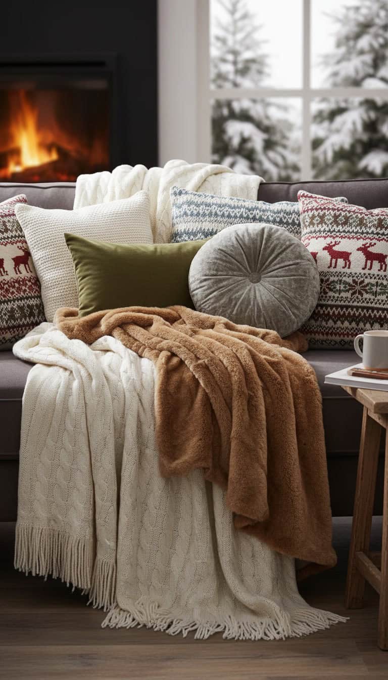 layered sofa with winter throws and pillows