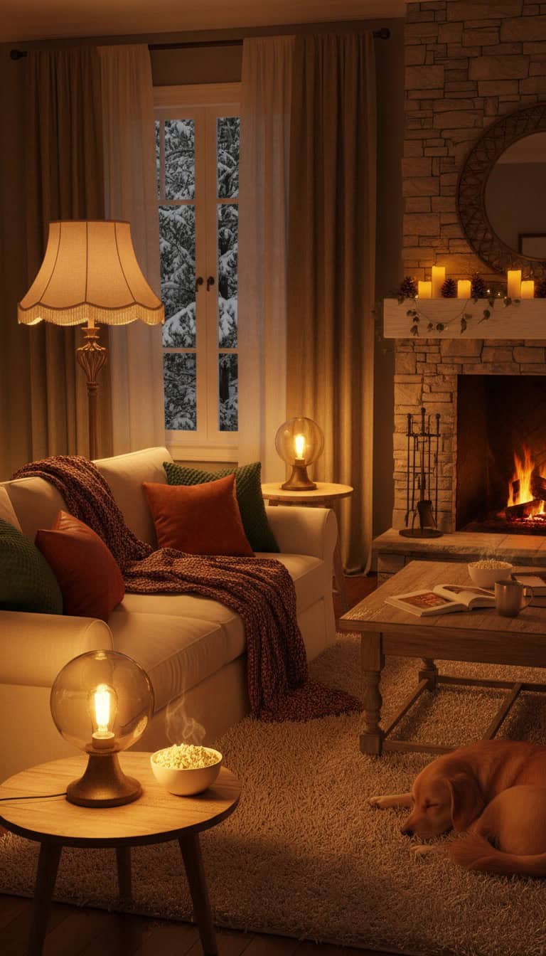 warm lamps creating cozy winter light in a living room