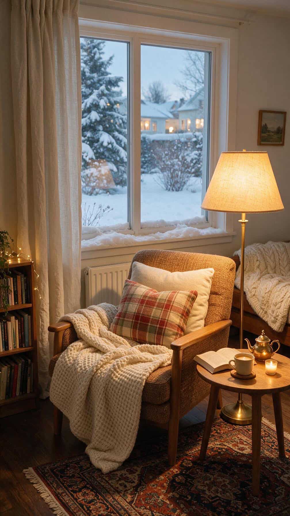 cozy winter reading corner with chair lamp and blanket