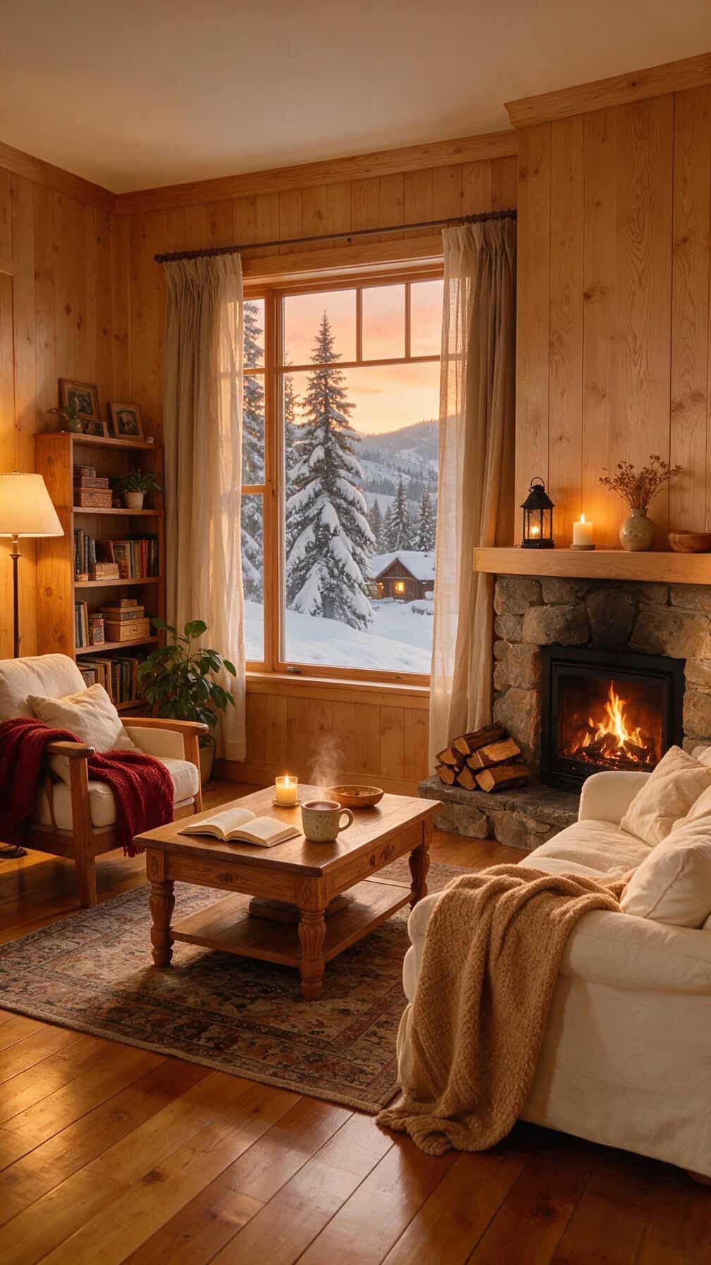 warm wood accents in a cozy winter room