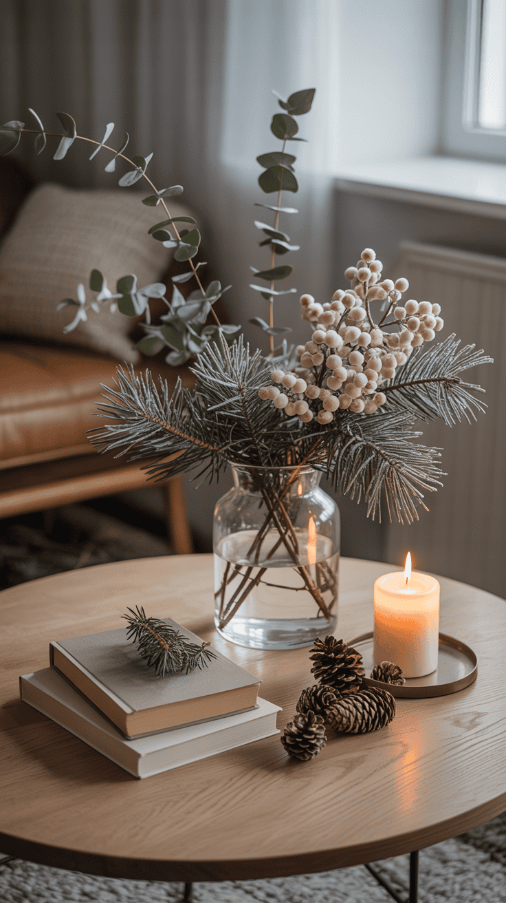 simple winter coffee table with books vase and greenery