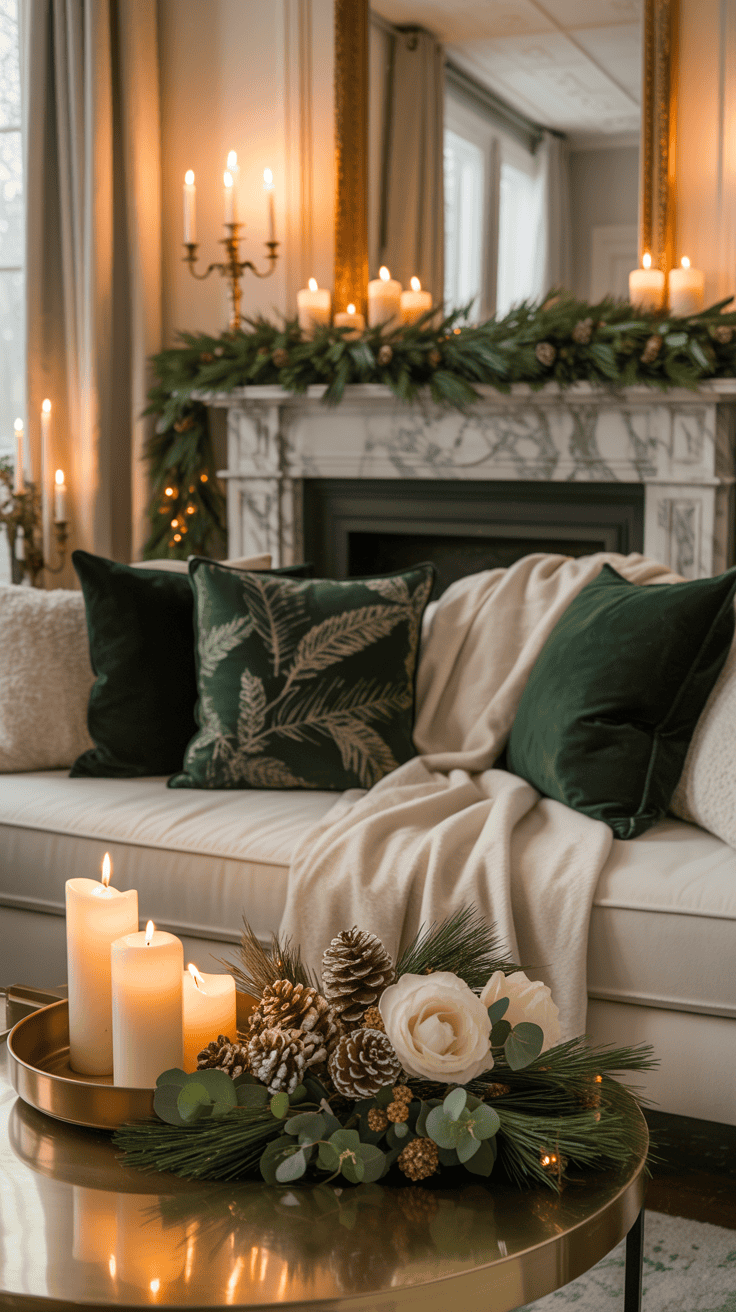 deep green and cream winter decor in an elegant room
