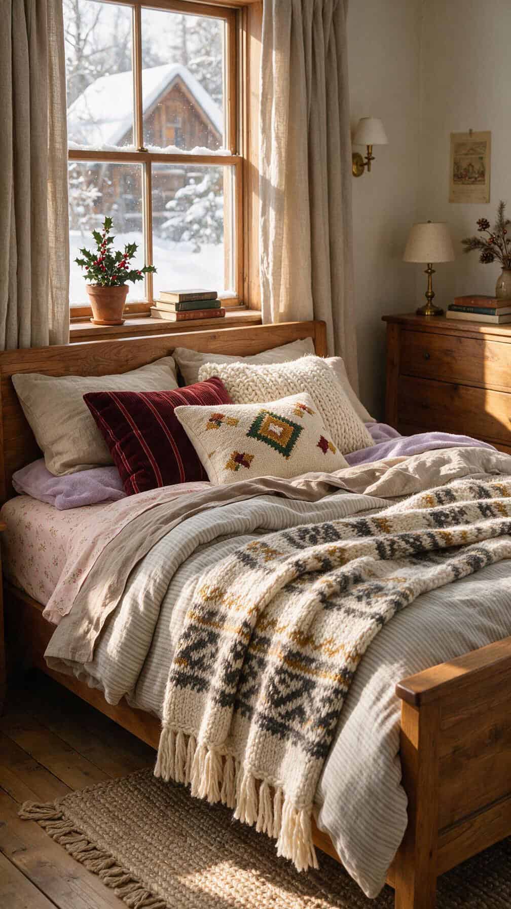 layered winter bed with soft linens and throw