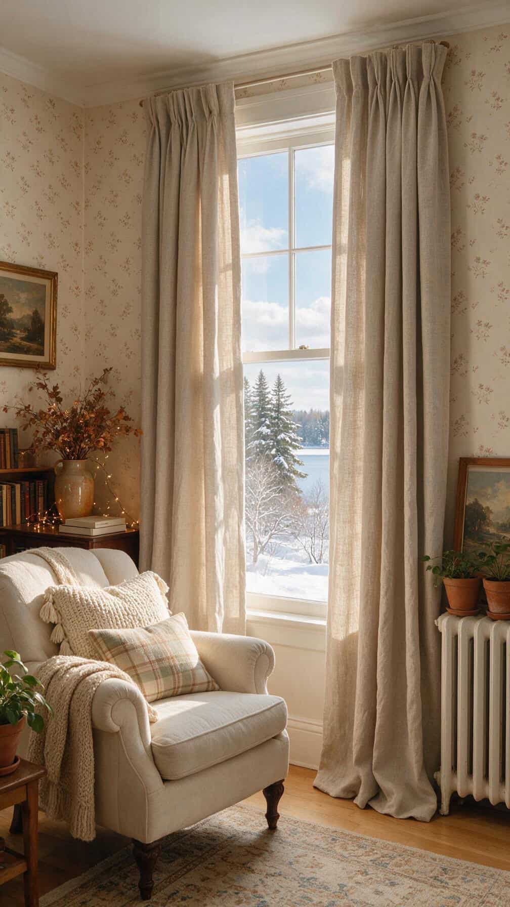 heavy oatmeal curtains softening a winter room
