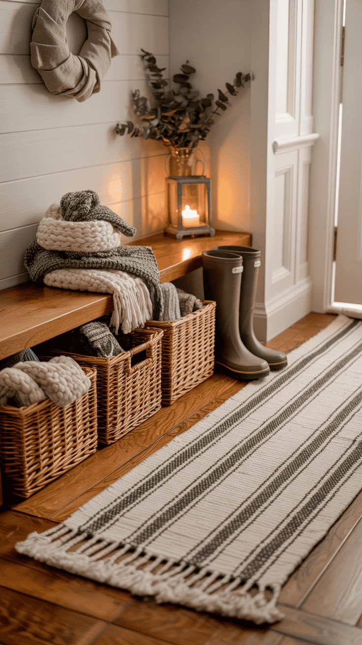 organized cozy winter entryway with runner and baskets