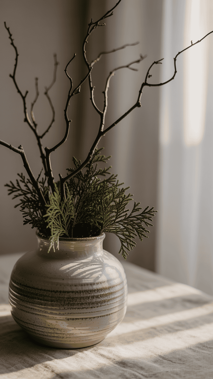 bare branches and winter greenery in a ceramic vase