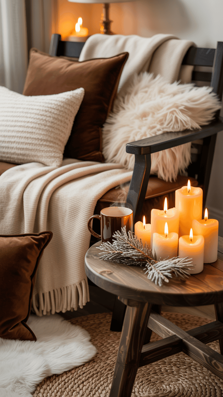 chocolate brown accents with cream winter decor