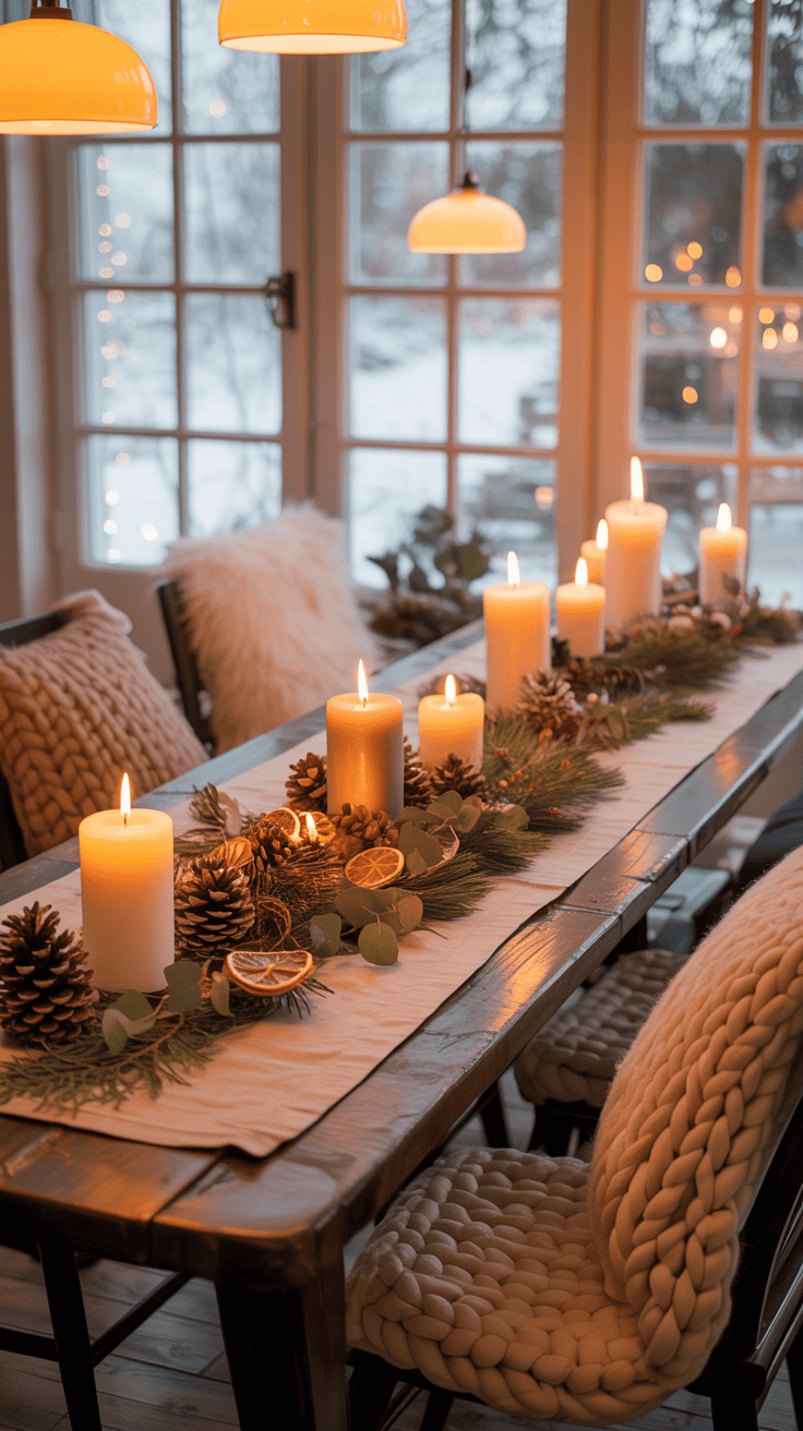 cozy winter dining area with linen runner and soft light