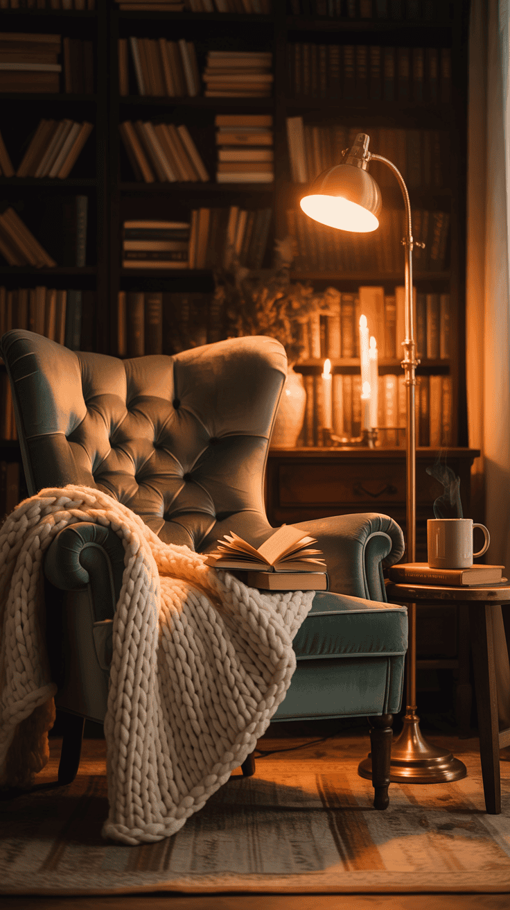 cozy evening corner with chair lamp blanket and books
