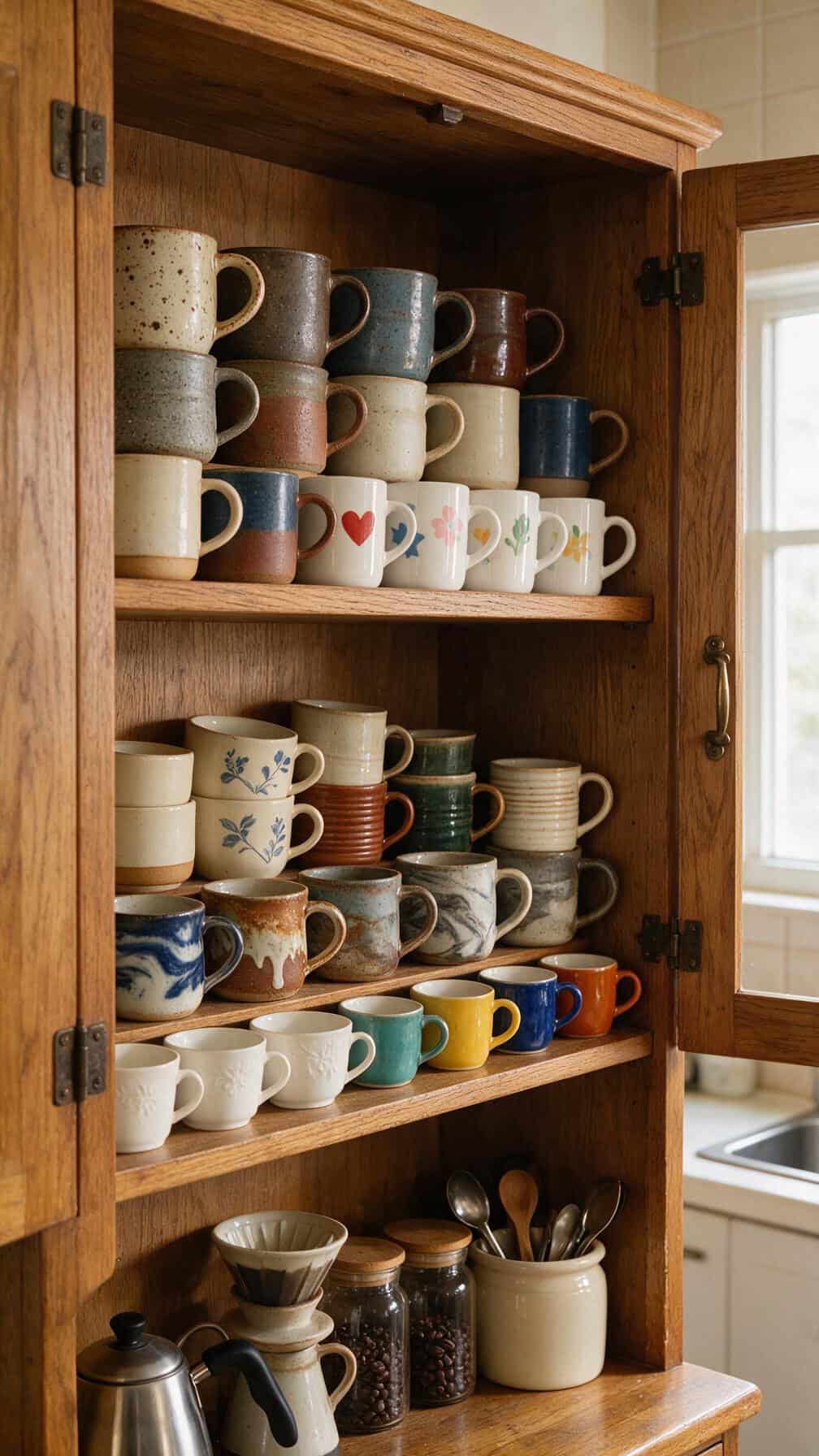 Dedicated kitchen cabinet filled with neatly organized coffee mugs arranged by size and style.
