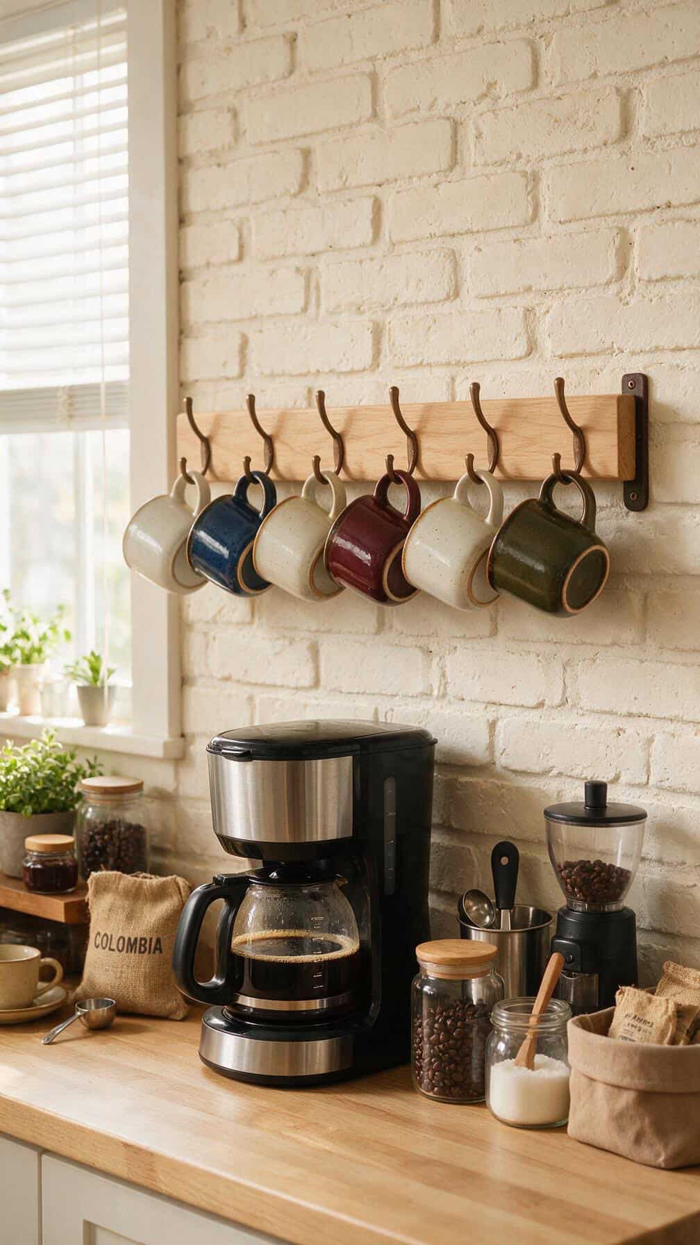 Wall mounted mug rail with hanging coffee mugs above a compact kitchen coffee station.
