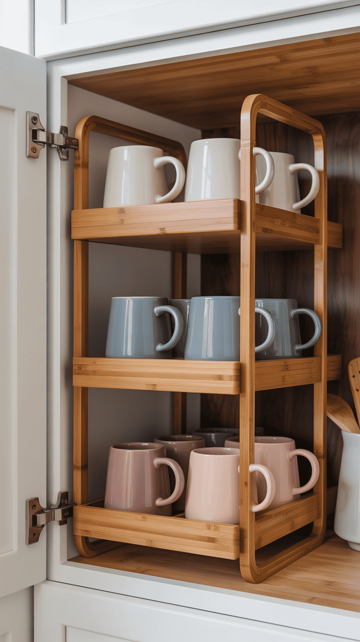 Vertical cabinet shelf organizer creating extra storage levels for neatly arranged coffee mugs.